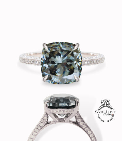 Gray Moissanite & Diamond Cushion 3 sided Band Celebrity Style Engagement Ring Custom 14k 18k White Yellow Rose Gold Platinum Wedding Anniversary Bridal Gift