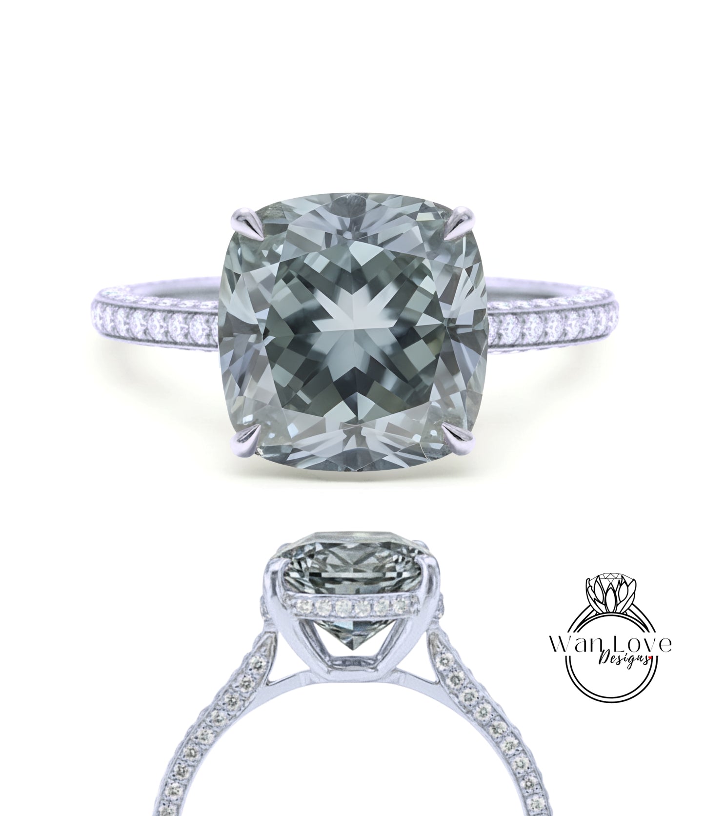 Gray Moissanite & Diamond Cushion 3 sided Band Celebrity Style Engagement Ring Custom 14k 18k White Yellow Rose Gold Platinum Wedding Anniversary Bridal Gift