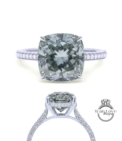 Gray Moissanite & Diamond Cushion 3 sided Band Celebrity Style Engagement Ring Custom 14k 18k White Yellow Rose Gold Platinum Wedding Anniversary Bridal Gift