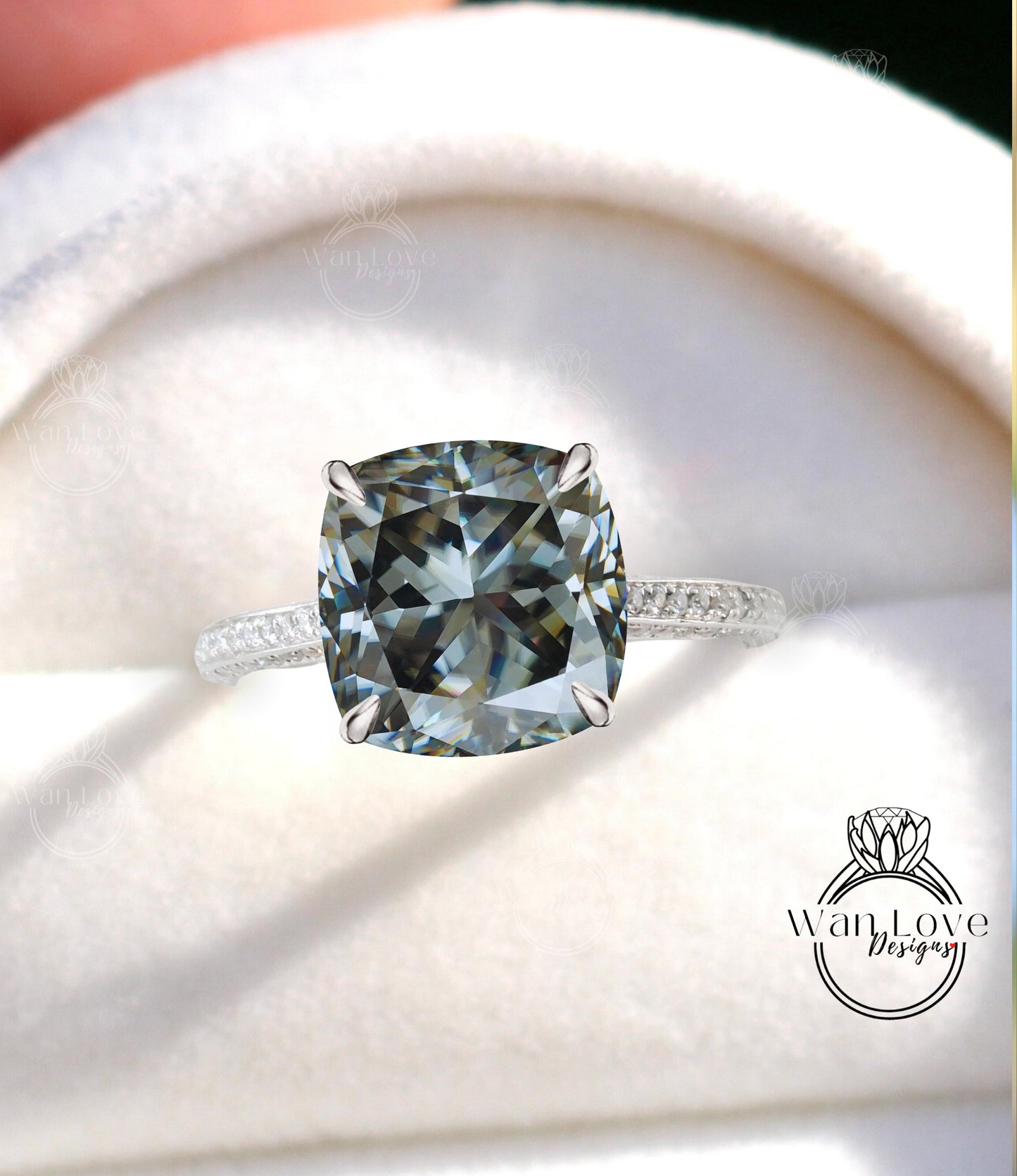 Gray Moissanite & Diamond Cushion 3 sided Band Celebrity Style Engagement Ring Custom 14k 18k White Yellow Rose Gold Platinum Wedding Anniversary Bridal Gift