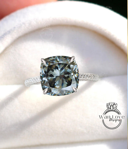 Gray Moissanite & Diamond Cushion 3 sided Band Celebrity Style Engagement Ring Custom 14k 18k White Yellow Rose Gold Platinum Wedding Anniversary Bridal Gift