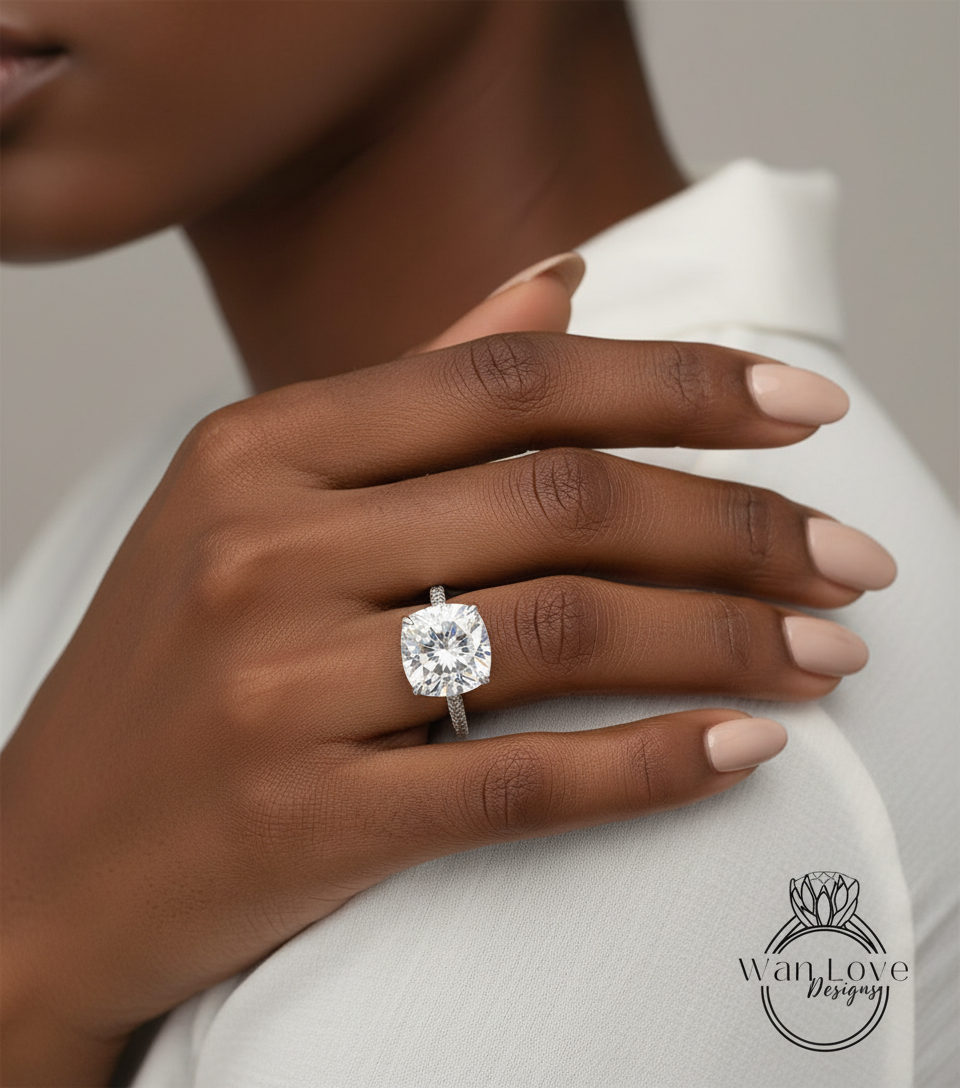 Moissanite & Diamond Cushion 3 sided Band Celebrity Style Engagement Ring Custom 14k 18k White Yellow Rose Gold Platinum Wedding Anniversary Bridal Gift