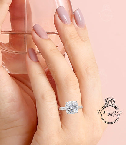 Moissanite & Diamond Cushion 3 sided Band Celebrity Style Engagement Ring Custom 14k 18k White Yellow Rose Gold Platinum Wedding Anniversary Bridal Gift