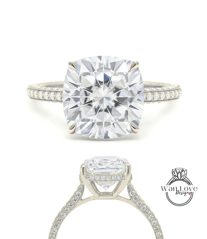 Moissanite & Diamond Cushion 3 sided Band Celebrity Style Engagement Ring Custom 14k 18k White Yellow Rose Gold Platinum Wedding Anniversary Bridal Gift