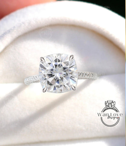 Moissanite & Diamond Cushion 3 sided Band Celebrity Style Engagement Ring Custom 14k 18k White Yellow Rose Gold Platinum Wedding Anniversary Bridal Gift