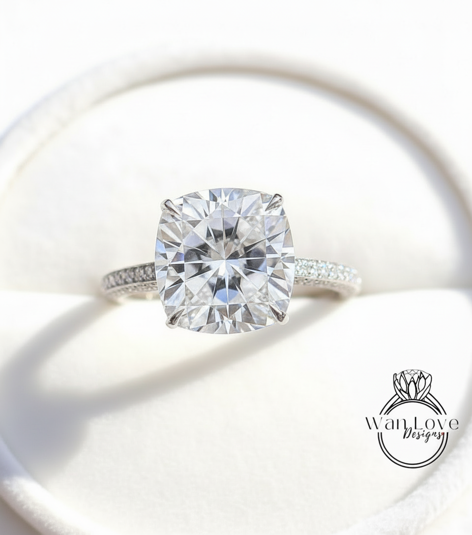 Moissanite & Diamond Cushion 3 sided Band Celebrity Style Engagement Ring Custom 14k 18k White Yellow Rose Gold Platinum Wedding Anniversary Bridal Gift