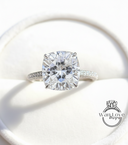Moissanite & Diamond Cushion 3 sided Band Celebrity Style Engagement Ring Custom 14k 18k White Yellow Rose Gold Platinum Wedding Anniversary Bridal Gift