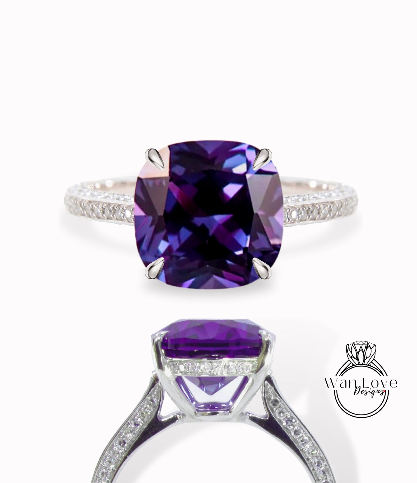 Purple Sapphire Alexandrite Color & Diamond Cushion 3 sided Band Celebrity Style Engagement Ring Custom 14k 18k White Yellow Rose Gold Platinum Wedding Anniversary Bridal Gift