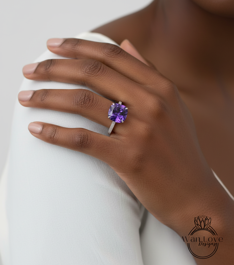 Purple Sapphire Alexandrite Color & Diamond Cushion 3 sided Band Celebrity Style Engagement Ring Custom 14k 18k White Yellow Rose Gold Platinum Wedding Anniversary Bridal Gift