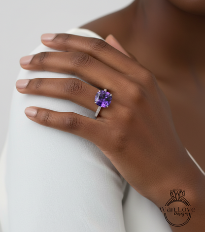 Purple Sapphire Alexandrite Color & Diamond Cushion 3 sided Band Celebrity Style Engagement Ring Custom 14k 18k White Yellow Rose Gold Platinum Wedding Anniversary Bridal Gift