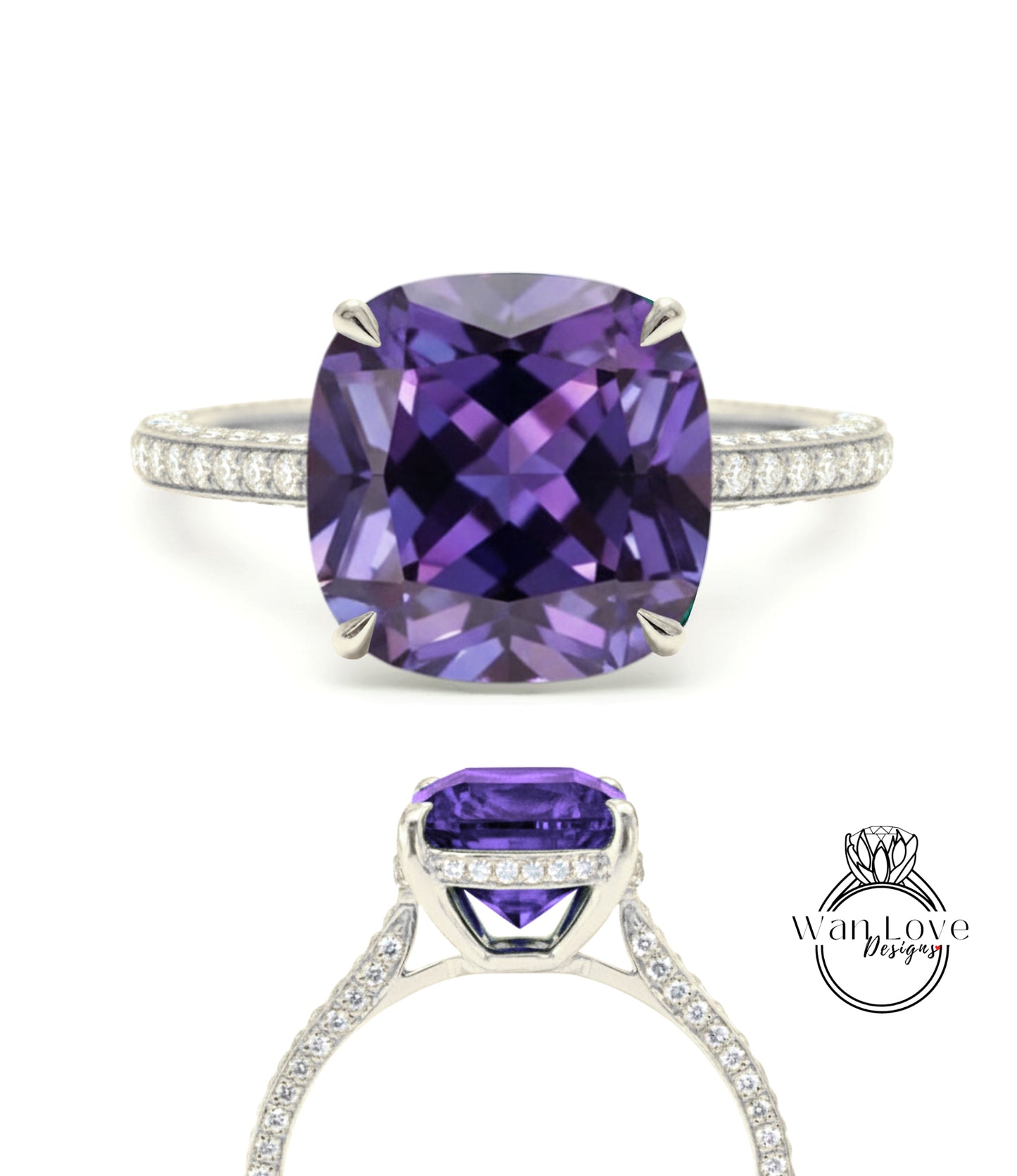 Purple Sapphire Alexandrite Color & Diamond Cushion 3 sided Band Celebrity Style Engagement Ring Custom 14k 18k White Yellow Rose Gold Platinum Wedding Anniversary Bridal Gift