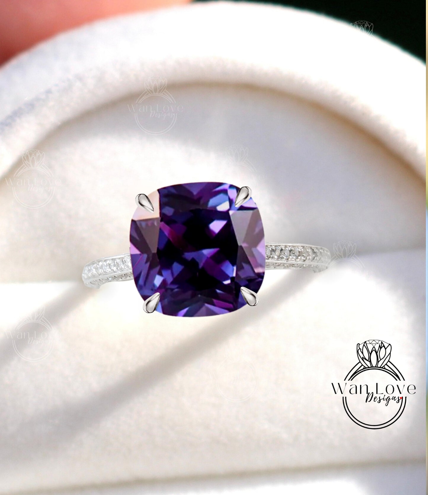 Purple Sapphire Alexandrite Color & Diamond Cushion 3 sided Band Celebrity Style Engagement Ring Custom 14k 18k White Yellow Rose Gold Platinum Wedding Anniversary Bridal Gift