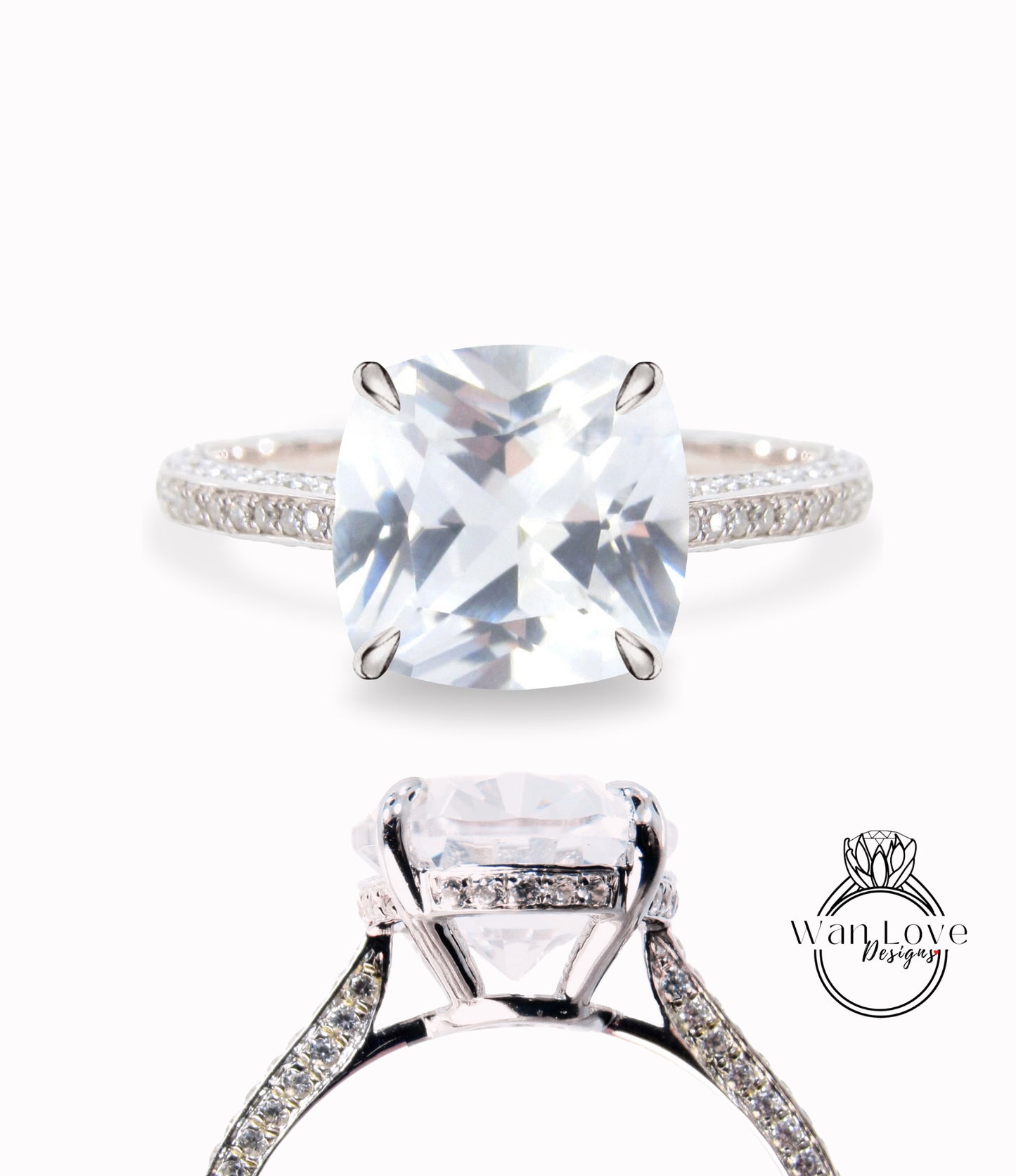 White Sapphire & Diamond Cushion 3 sided Band Celebrity Style Engagement Ring Custom 14k 18k White Yellow Rose Gold Platinum Wedding Anniversary Bridal Gift