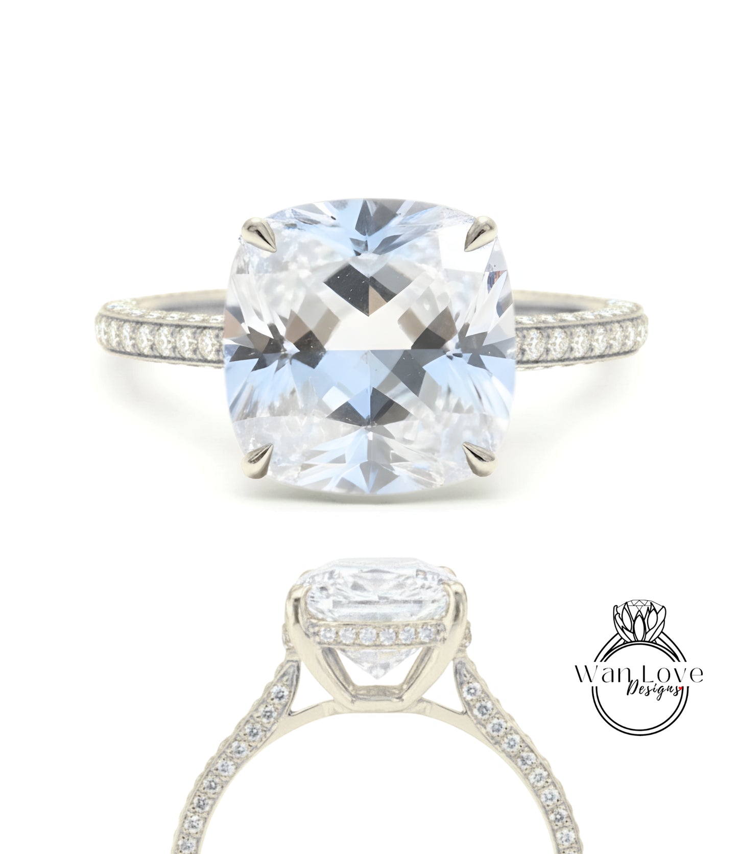 White Sapphire & Diamond Cushion 3 sided Band Celebrity Style Engagement Ring Custom 14k 18k White Yellow Rose Gold Platinum Wedding Anniversary Bridal Gift