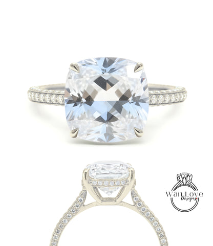 White Sapphire & Diamond Cushion 3 sided Band Celebrity Style Engagement Ring Custom 14k 18k White Yellow Rose Gold Platinum Wedding Anniversary Bridal Gift