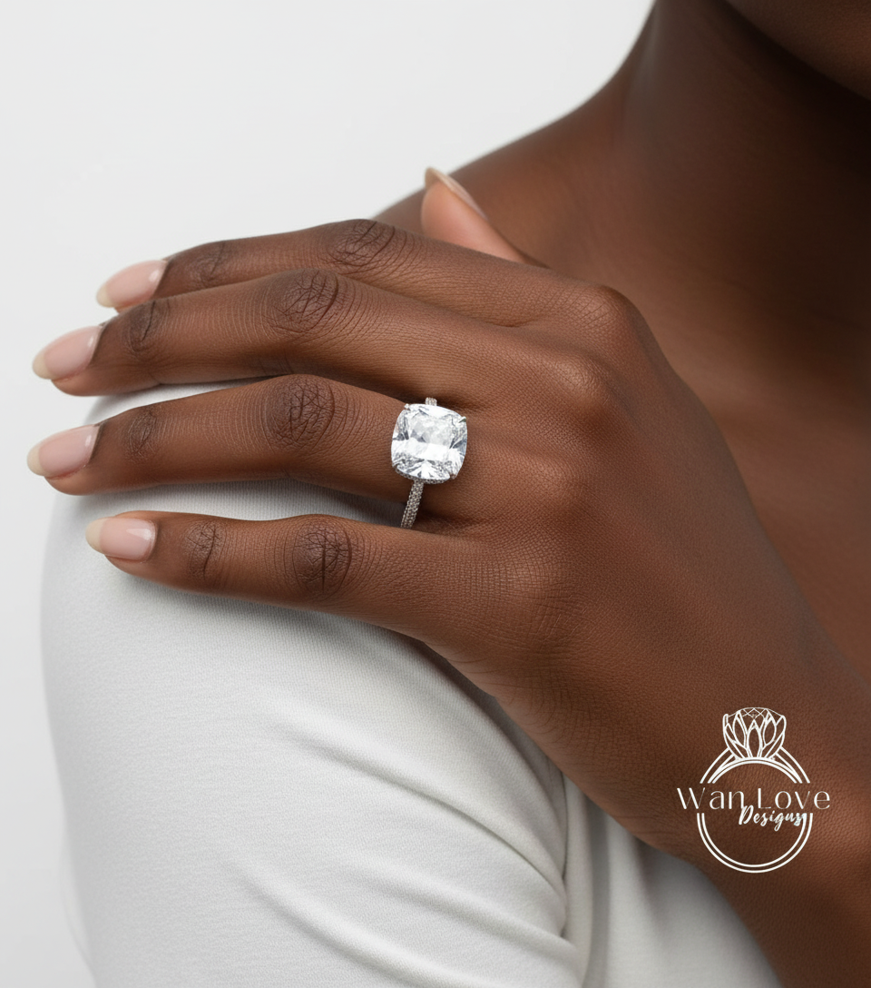 White Sapphire & Diamond Cushion 3 sided Band Celebrity Style Engagement Ring Custom 14k 18k White Yellow Rose Gold Platinum Wedding Anniversary Bridal Gift