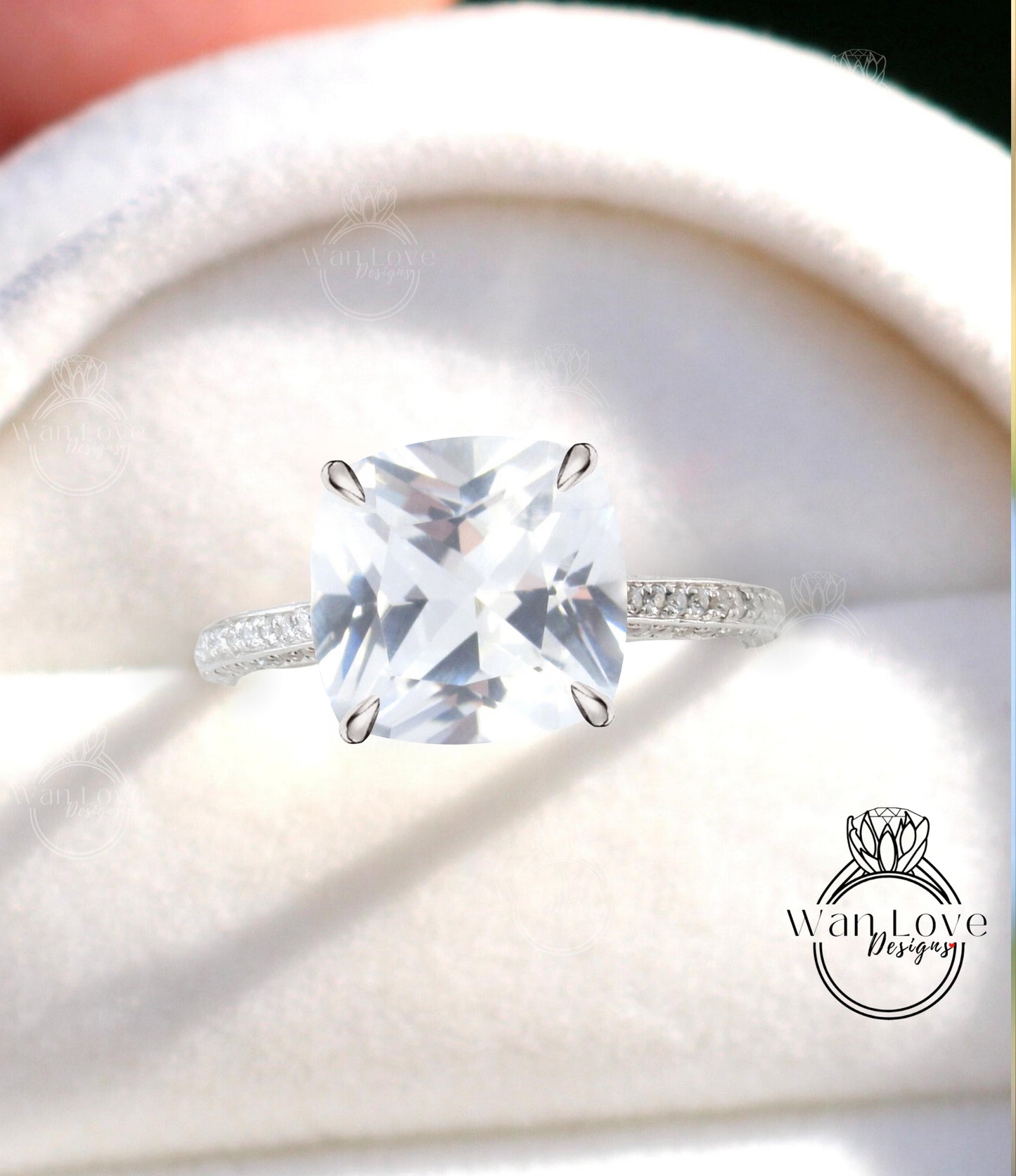 White Sapphire & Diamond Cushion 3 sided Band Celebrity Style Engagement Ring Custom 14k 18k White Yellow Rose Gold Platinum Wedding Anniversary Bridal Gift