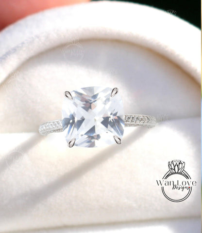 White Sapphire & Diamond Cushion 3 sided Band Celebrity Style Engagement Ring Custom 14k 18k White Yellow Rose Gold Platinum Wedding Anniversary Bridal Gift