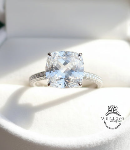White Sapphire & Diamond Cushion 3 sided Band Celebrity Style Engagement Ring Custom 14k 18k White Yellow Rose Gold Platinum Wedding Anniversary Bridal Gift