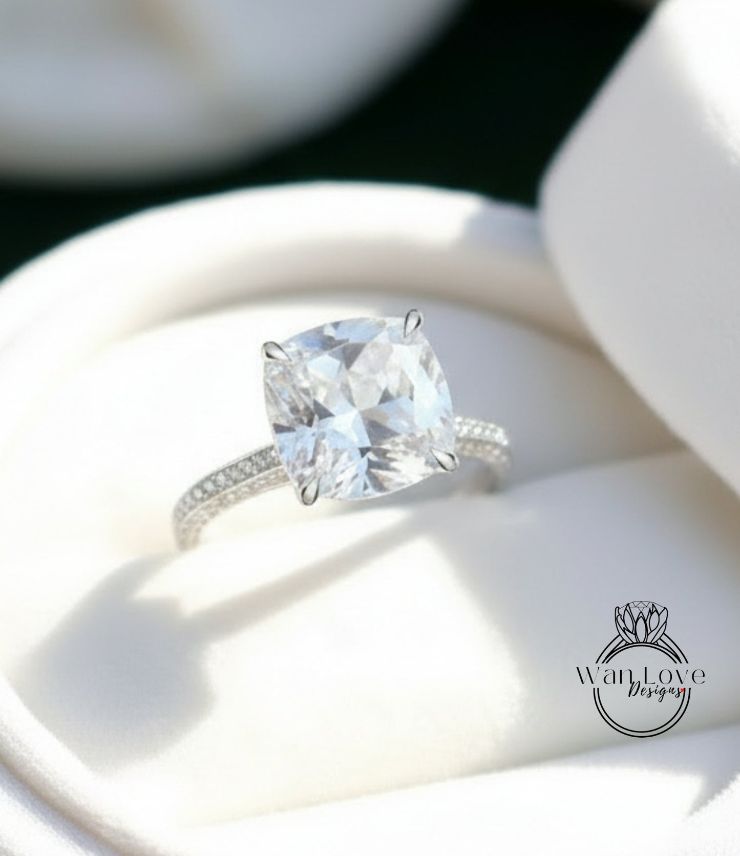 White Sapphire & Diamond Cushion 3 sided Band Celebrity Style Engagement Ring Custom 14k 18k White Yellow Rose Gold Platinum Wedding Anniversary Bridal Gift