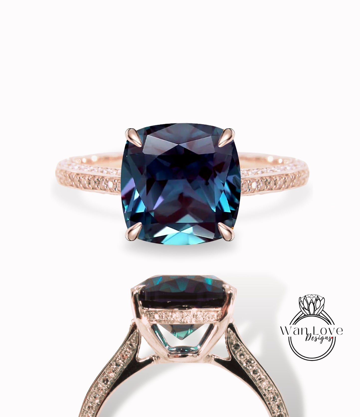 Alexandrite & Diamond Cushion 3 sided Band Celebrity Style Engagement Ring Custom 14k 18k White Yellow Rose Gold Platinum Wedding Anniversary Bridal Gift