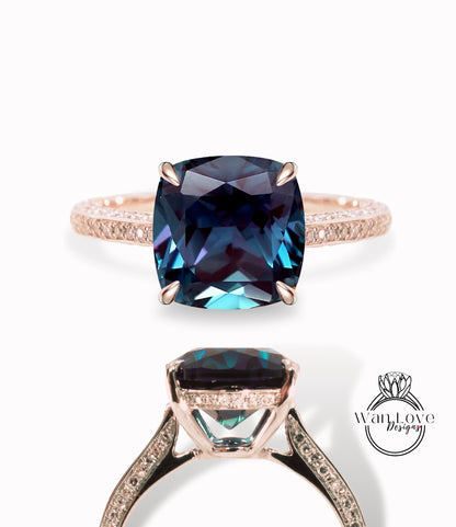 Alexandrite & Diamond Cushion 3 sided Band Celebrity Style Engagement Ring Custom 14k 18k White Yellow Rose Gold Platinum Wedding Anniversary Bridal Gift
