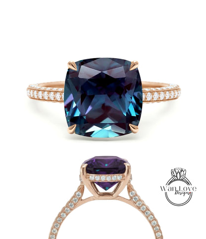 Alexandrite & Diamond Cushion 3 sided Band Celebrity Style Engagement Ring Custom 14k 18k White Yellow Rose Gold Platinum Wedding Anniversary Bridal Gift