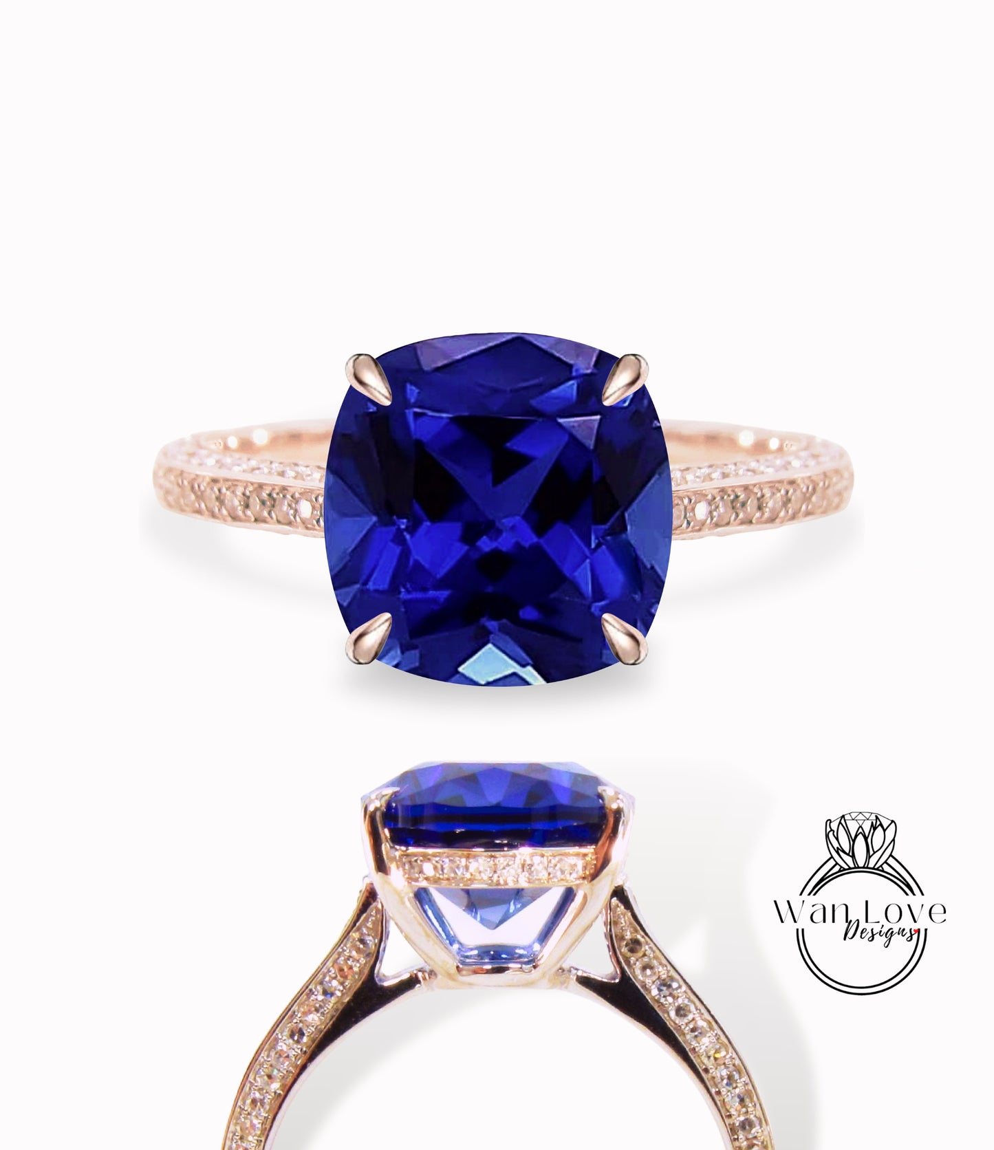 Blue Sapphire & Diamond Cushion 3 sided Band Celebrity Style Engagement Ring Custom 14k 18k White Yellow Rose Gold Platinum Wedding Anniversary Bridal Gift