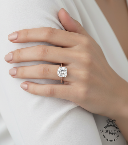 Anello con diamante cuscino con fascia con pavé di diamanti, anello con diamante Lab da 3 ct, anello di fidanzamento con fascia con pavé di diamanti Lab in oro rosa a 3 lati