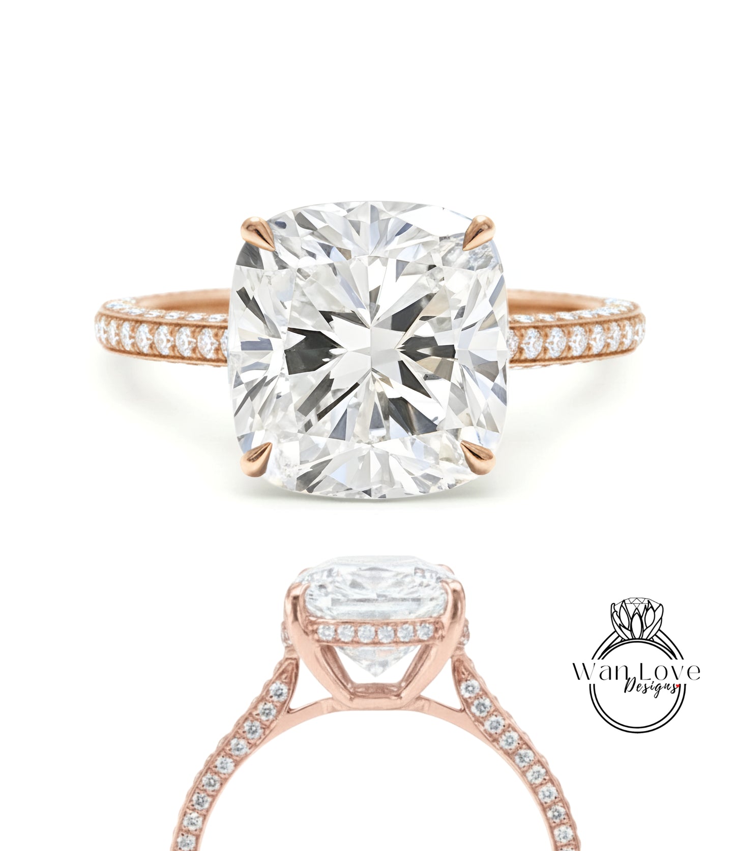 Anello con diamante cuscino con fascia con pavé di diamanti, anello con diamante Lab da 3 ct, anello di fidanzamento con fascia con pavé di diamanti Lab in oro rosa a 3 lati