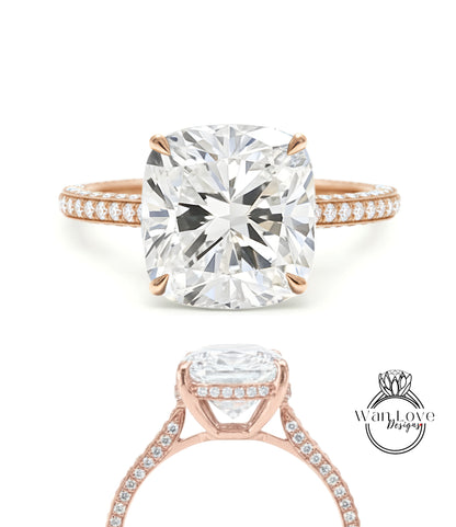 Anello con diamante cuscino con fascia con pavé di diamanti, anello con diamante Lab da 3 ct, anello di fidanzamento con fascia con pavé di diamanti Lab in oro rosa a 3 lati