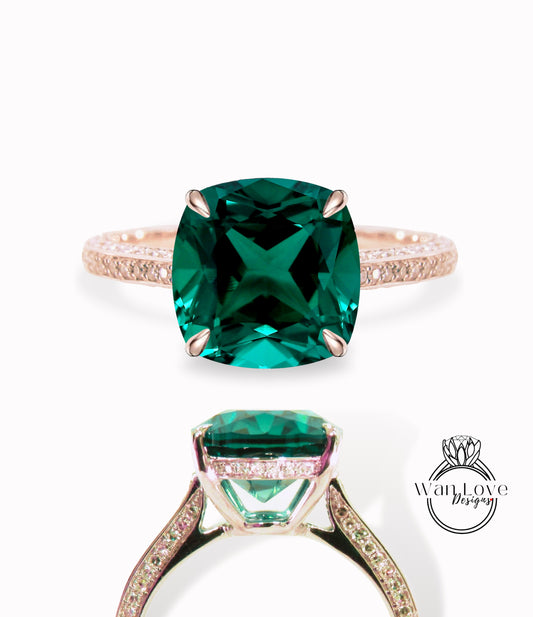 Emerald & Diamond Cushion 3 sided Band Celebrity Style Engagement Ring Custom 14k 18k White Yellow Rose Gold Platinum Wedding Anniversary Bridal Gift