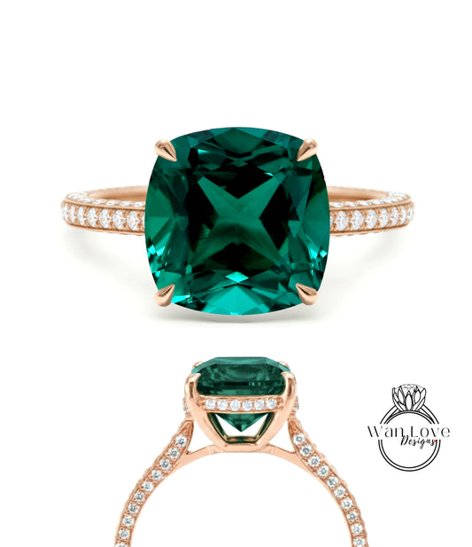 Anello di fidanzamento con smeraldo, anello con alone di diamanti, taglio a cuscino in oro rosa, con diamante moissanite, anello con gambo diviso, anello art deco, anello anniversario, regalo