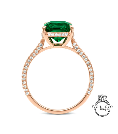 Emerald & Diamond Cushion 3 sided Band Celebrity Style Engagement Ring Custom 14k 18k White Yellow Rose Gold Platinum Wedding Anniversary Bridal Gift