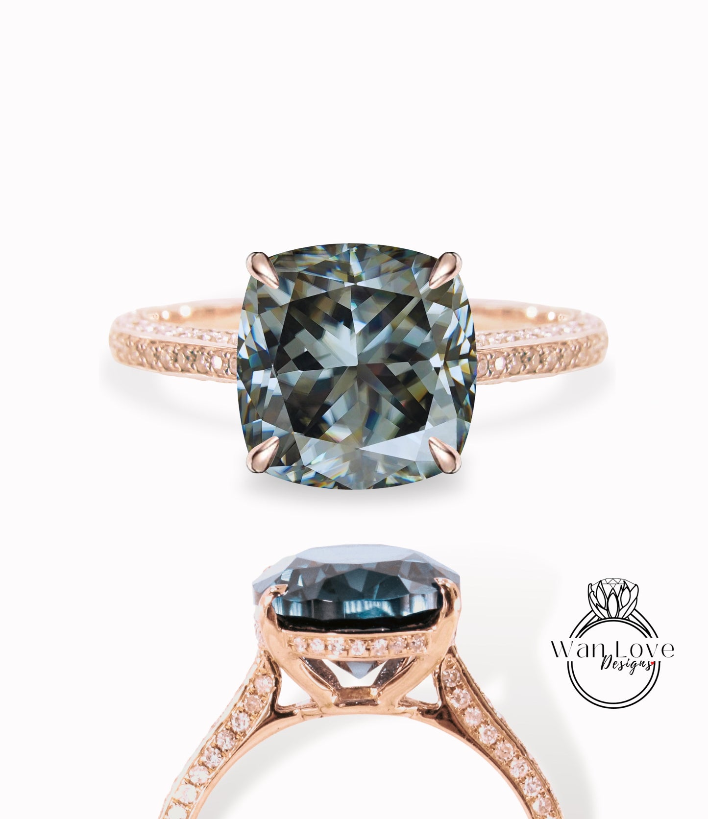 Gray Moissanite & Diamond Cushion 3 sided Band Celebrity Style Engagement Ring Custom 14k 18k White Yellow Rose Gold Platinum Wedding Anniversary Bridal Gift