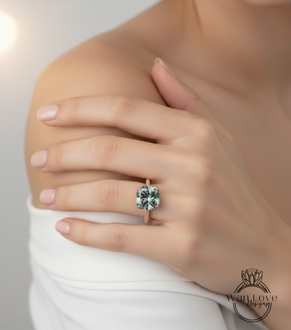 Gray Moissanite & Diamond Cushion 3 sided Band Celebrity Style Engagement Ring Custom 14k 18k White Yellow Rose Gold Platinum Wedding Anniversary Bridal Gift