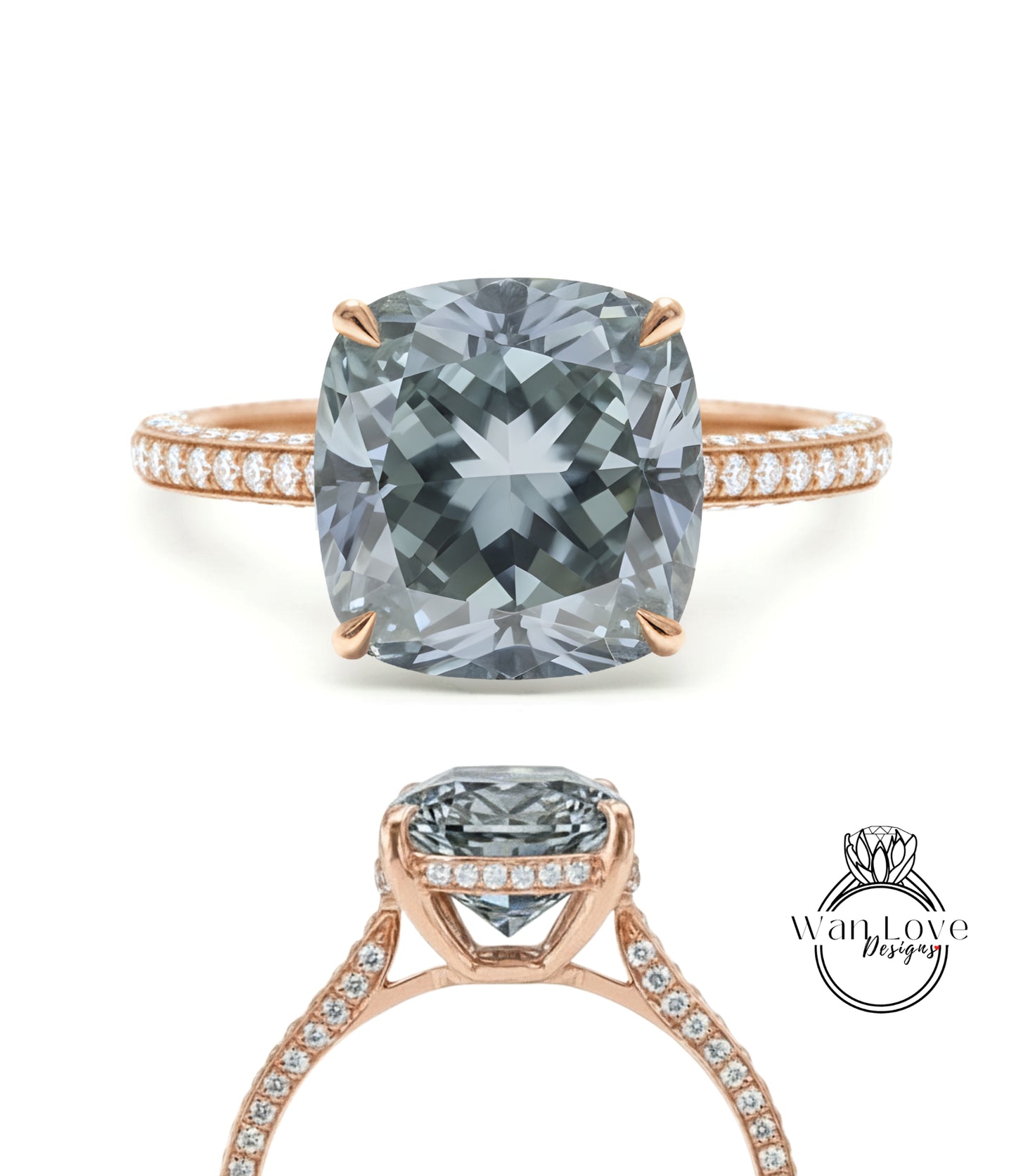 Gray Moissanite & Diamond Cushion 3 sided Band Celebrity Style Engagement Ring Custom 14k 18k White Yellow Rose Gold Platinum Wedding Anniversary Bridal Gift