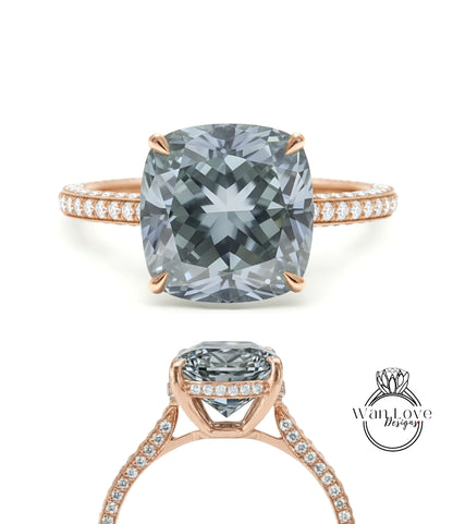 Gray Moissanite & Diamond Cushion 3 sided Band Celebrity Style Engagement Ring Custom 14k 18k White Yellow Rose Gold Platinum Wedding Anniversary Bridal Gift