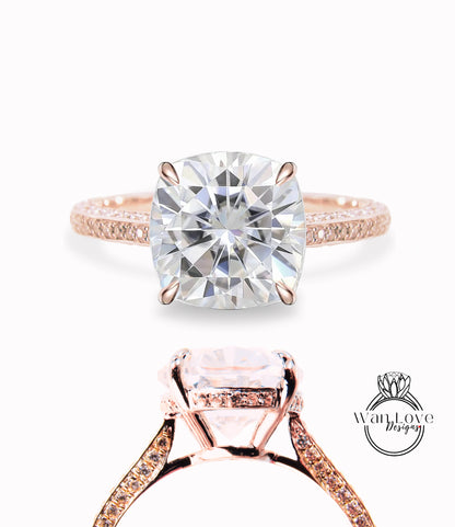 Moissanite & Diamond Cushion 3 sided Band Celebrity Style Engagement Ring Custom 14k 18k White Yellow Rose Gold Platinum Wedding Anniversary Bridal Gift