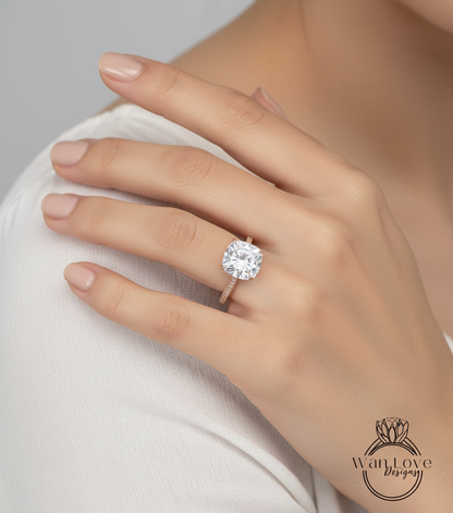 Moissanite & Diamond Cushion 3 sided Band Celebrity Style Engagement Ring Custom 14k 18k White Yellow Rose Gold Platinum Wedding Anniversary Bridal Gift