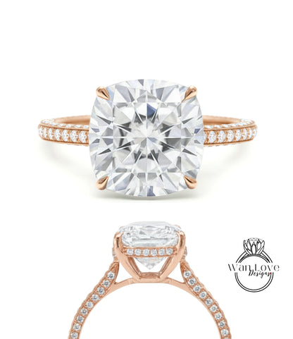 Moissanite & Diamond Cushion 3 sided Band Celebrity Style Engagement Ring Custom 14k 18k White Yellow Rose Gold Platinum Wedding Anniversary Bridal Gift