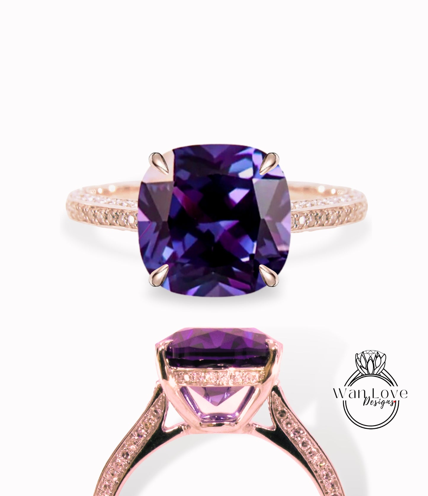 Purple Sapphire Alexandrite Color & Diamond Cushion 3 sided Band Celebrity Style Engagement Ring Custom 14k 18k White Yellow Rose Gold Platinum Wedding Anniversary Bridal Gift