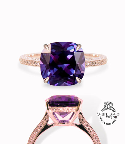 Purple Sapphire Alexandrite Color & Diamond Cushion 3 sided Band Celebrity Style Engagement Ring Custom 14k 18k White Yellow Rose Gold Platinum Wedding Anniversary Bridal Gift