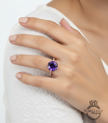 Purple Sapphire Alexandrite Color & Diamond Cushion 3 sided Band Celebrity Style Engagement Ring Custom 14k 18k White Yellow Rose Gold Platinum Wedding Anniversary Bridal Gift