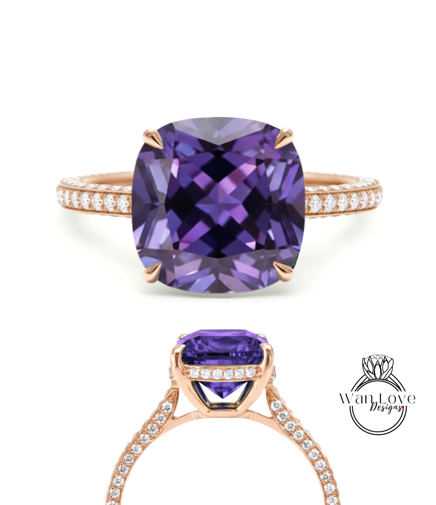 Purple Sapphire Alexandrite Color & Diamond Cushion 3 sided Band Celebrity Style Engagement Ring Custom 14k 18k White Yellow Rose Gold Platinum Wedding Anniversary Bridal Gift