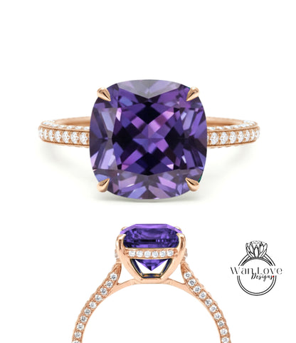 Purple Sapphire Alexandrite Color & Diamond Cushion 3 sided Band Celebrity Style Engagement Ring Custom 14k 18k White Yellow Rose Gold Platinum Wedding Anniversary Bridal Gift