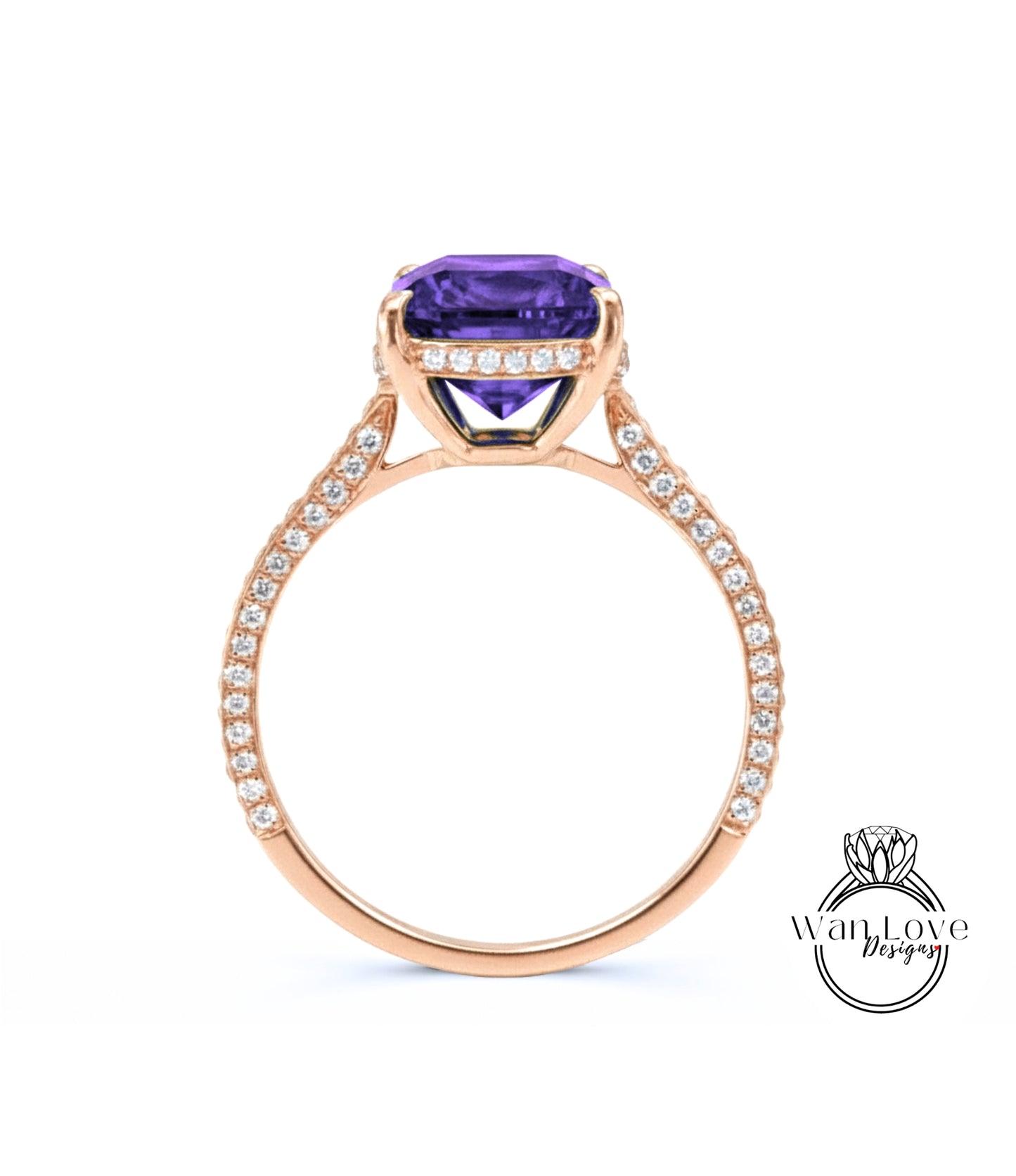 Purple Sapphire Alexandrite Color & Diamond Cushion 3 sided Band Celebrity Style Engagement Ring Custom 14k 18k White Yellow Rose Gold Platinum Wedding Anniversary Bridal Gift