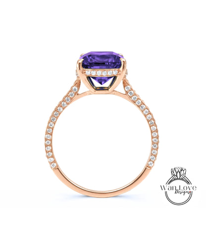 Purple Sapphire Alexandrite Color & Diamond Cushion 3 sided Band Celebrity Style Engagement Ring Custom 14k 18k White Yellow Rose Gold Platinum Wedding Anniversary Bridal Gift