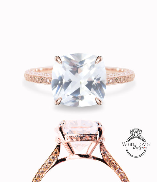White Sapphire & Diamond Cushion 3 sided Band Celebrity Style Engagement Ring Custom 14k 18k White Yellow Rose Gold Platinum Wedding Anniversary Bridal Gift