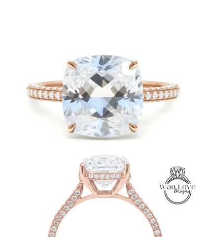 White Sapphire & Diamond Cushion 3 sided Band Celebrity Style Engagement Ring Custom 14k 18k White Yellow Rose Gold Platinum Wedding Anniversary Bridal Gift